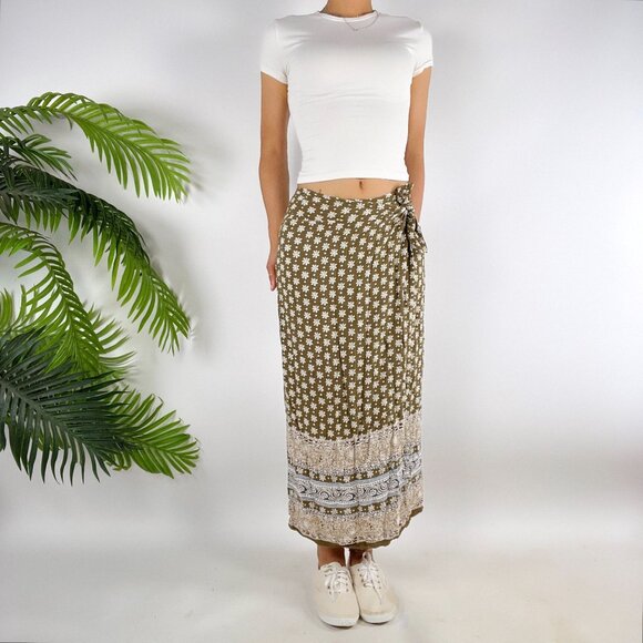Vintage 90s Express Brown Floral Boho Beachy Cottage Wrap Maxi Skirt / Small - Picture 4 of 7